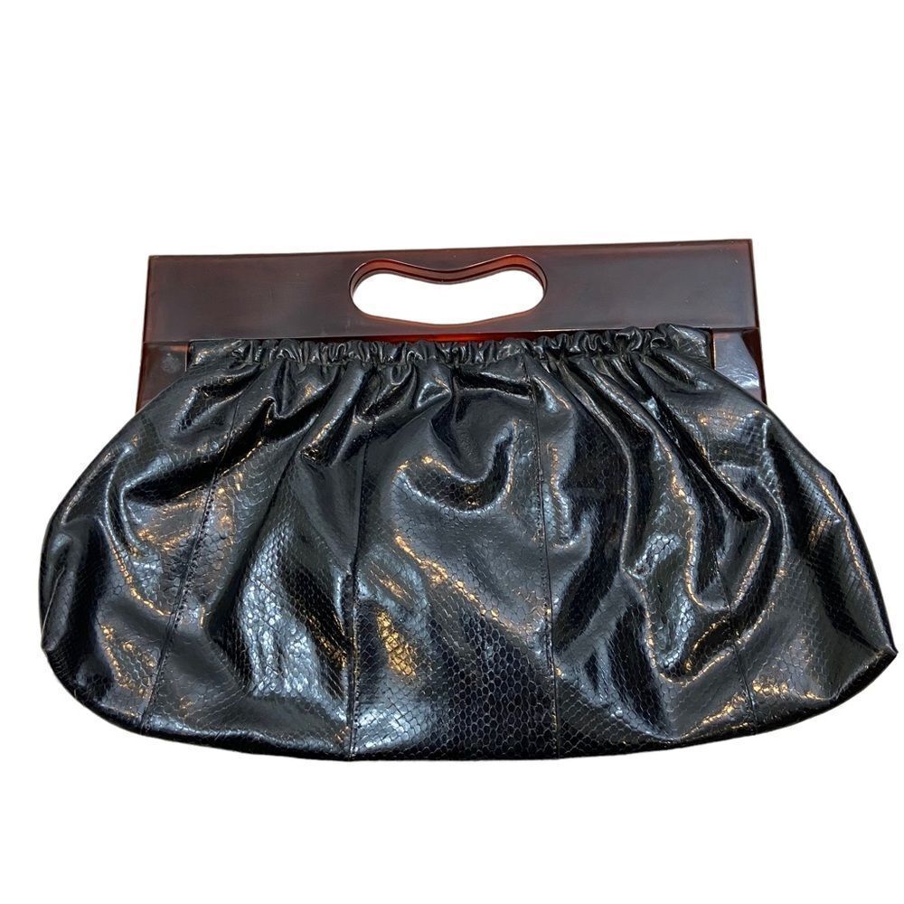 Vintage Black‎ Vinyl Faux Leather Clutch with Tortoiseshell Plastic Handle 60s